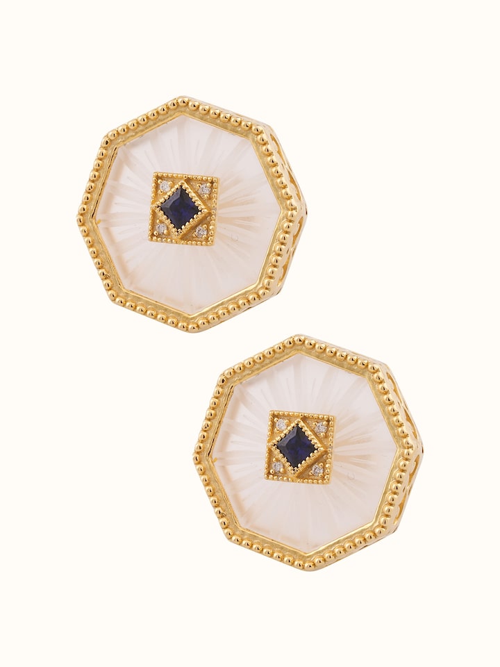 Overview of Lapidary 14 Karat Gold Studs showing the complete piece laid out
