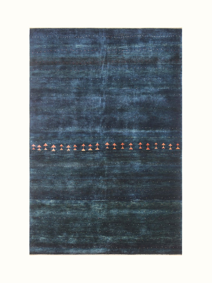 Full view of the Traditional Gabbeh blue Jaipur wool hand-knotted carpet, showcasing its color and pattern.
