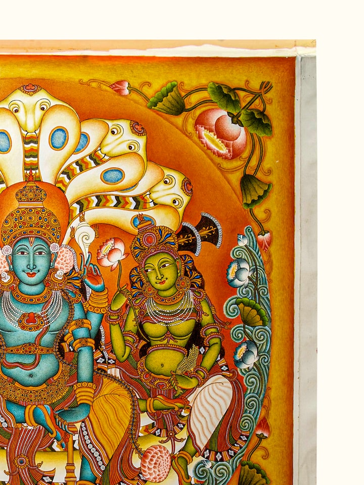 Detail view of Anantha Padmanabha Kerala Mural Painting highlighting the intricate linework and detail, from a different angle