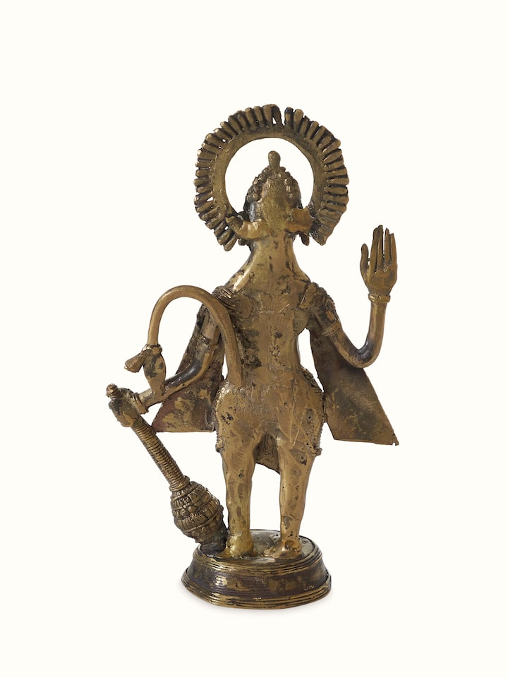 Back view of Dokra brass Hanuman Ji idol showing sculpted detailing