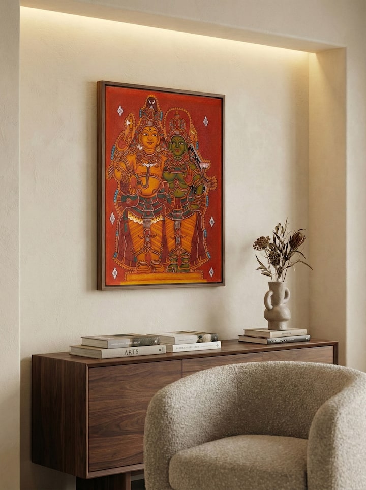 Shiv Parvati Kerala mural painting in classical South Indian art style