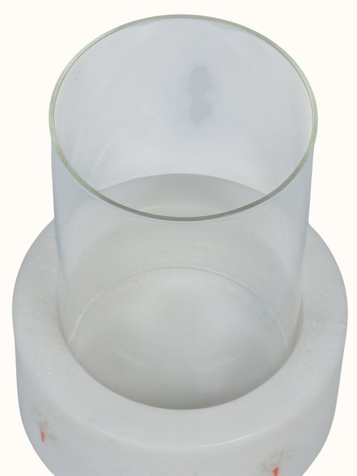 detail view of marble inlay pacchikari candle holder craftsmanship
