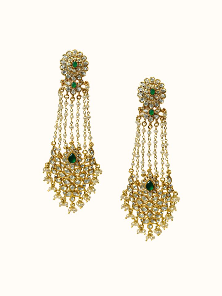 Front view of Dank Polki Silver Drop Earrings showing the complete piece and design