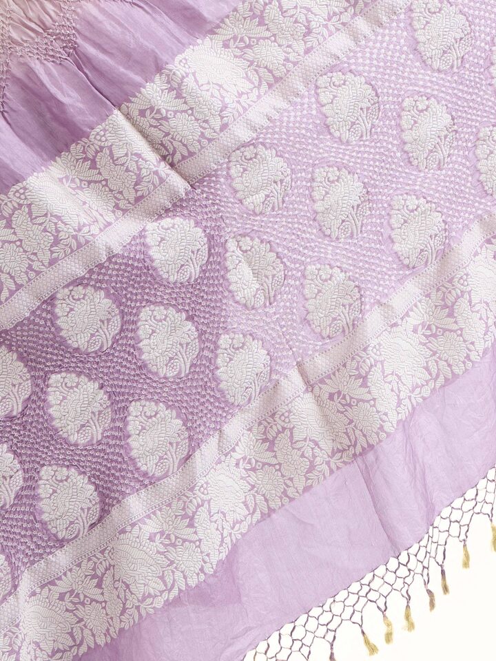 Detailed view of Light Purple Bandhani Tie & Dye Dupatta focusing on the fine craftsmanship and texture