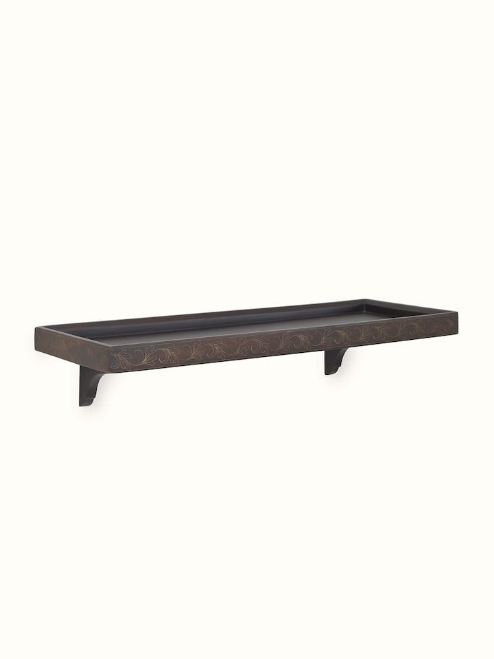 Angled view of Sheesham Wood & Brass Tarkashi Rectangular Wall Shelf highlighting the craftsmanship of sheesham wood and brass inlays.