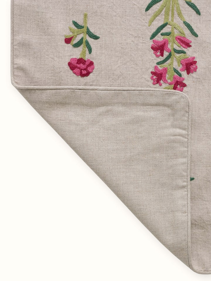 Mughal Miniature Magenta Buta Linen Kashmir Chain Stitch Hand Embroidery Table Runner