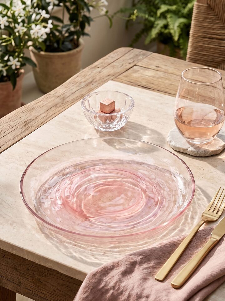 Left-side view of the Firozabadi Glass Dinner Plate Pink