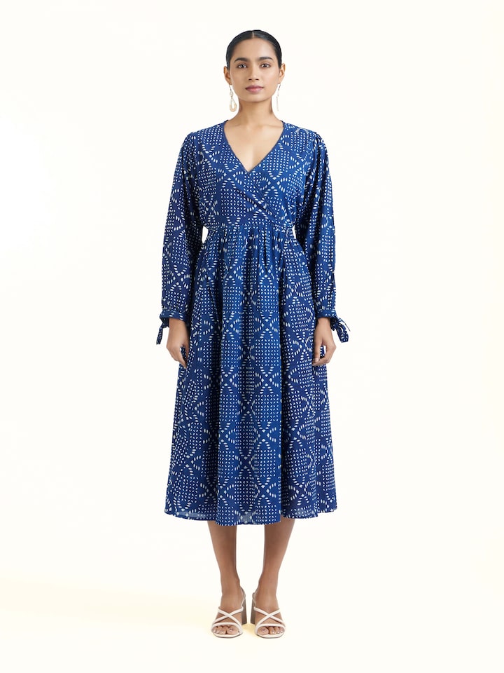 Front view of Samika cotton dabu block printed dress with handcrafted motifs