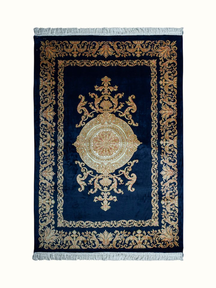 Front view of the Swadesh Traditional Persian Navy Opan Kashmir Silk Hand-Knotted Carpet