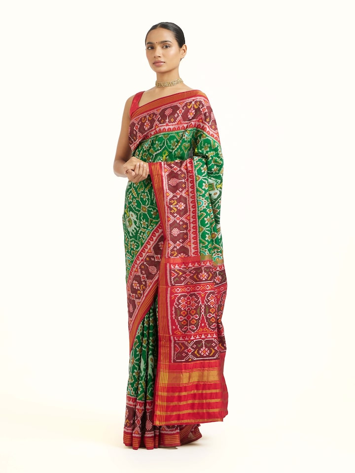 Side view of Rajkot Semi Patola Saree highlighting the detailed craftsmanship and elegant silhouette