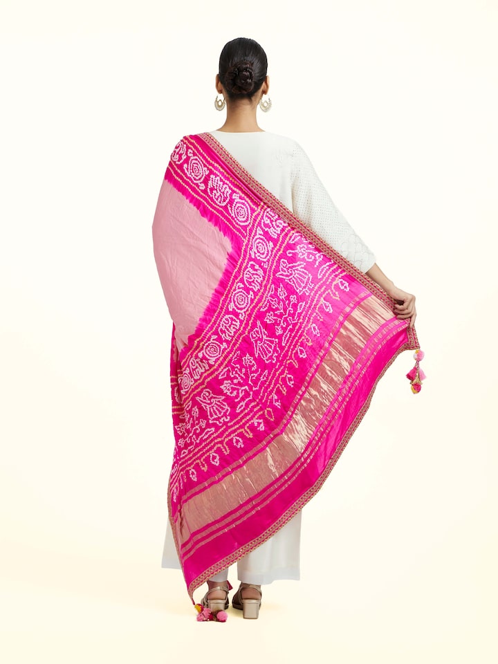 Back view of the Pink Silk Bandhani Zardozi Embroidered Dupatta