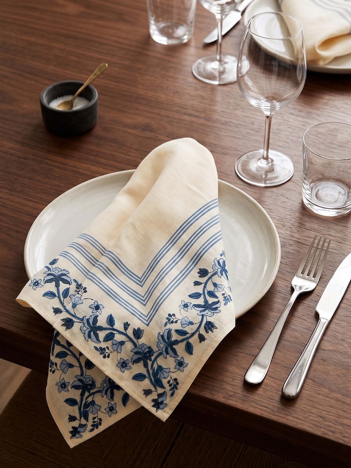Styled view of Palampore Blue Hand Block Sanganeri Print Cotton Linen Dinner Napkin (6 Pcs) styled on a table or bed setting