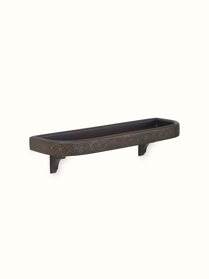 Angle view of Sheesham Wood & Brass Tarkashi Wall Shelf, highlighting its sturdy build and fine brass accents