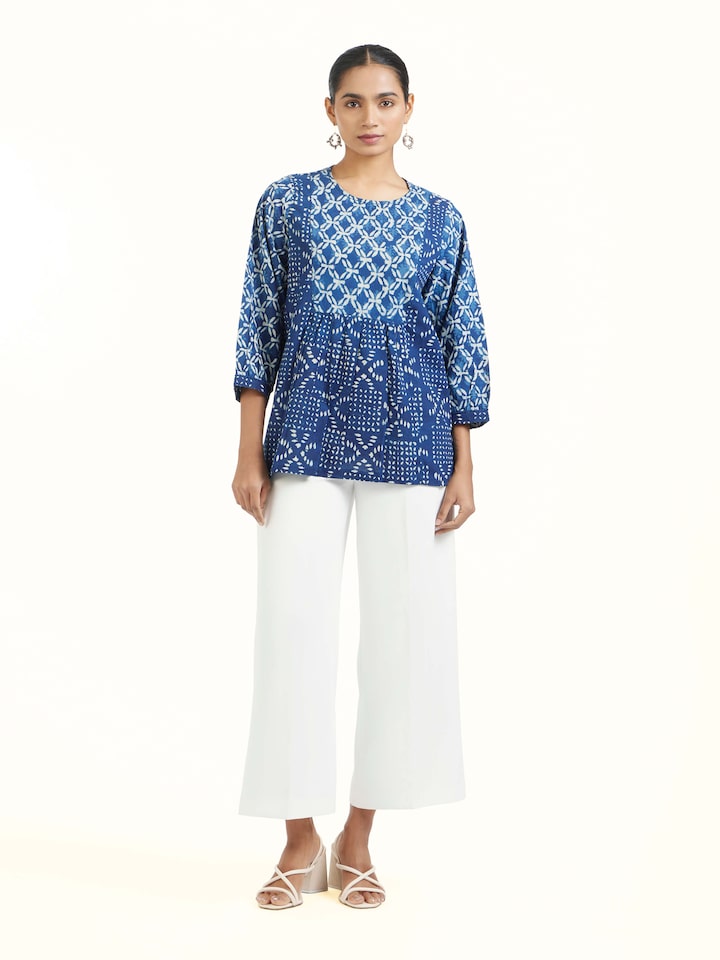 Front view of Sugandhika cotton dabu block printed top with handcrafted motifs