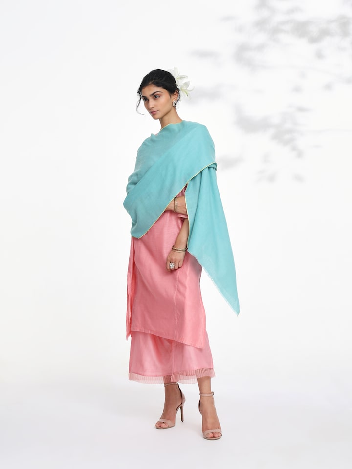 Side view of teal cashmere kaaj embroidered handwoven stole showcasing elegant drape and fine craftsmanship