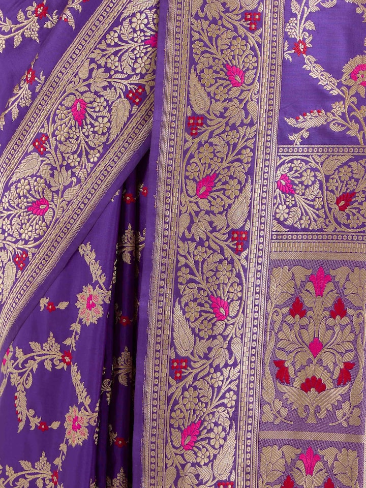 Detail view of purple mulberry katan silk Banarasi saree showing zari work