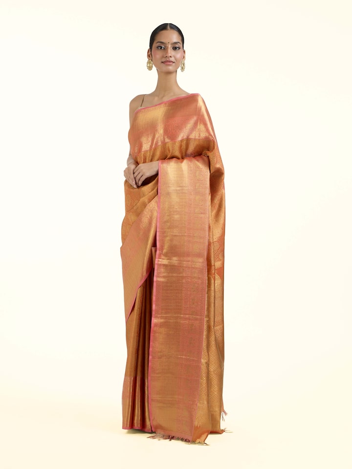 Side view of Yellow Silk Kancheepuram Saree highlighting the woven border detailing