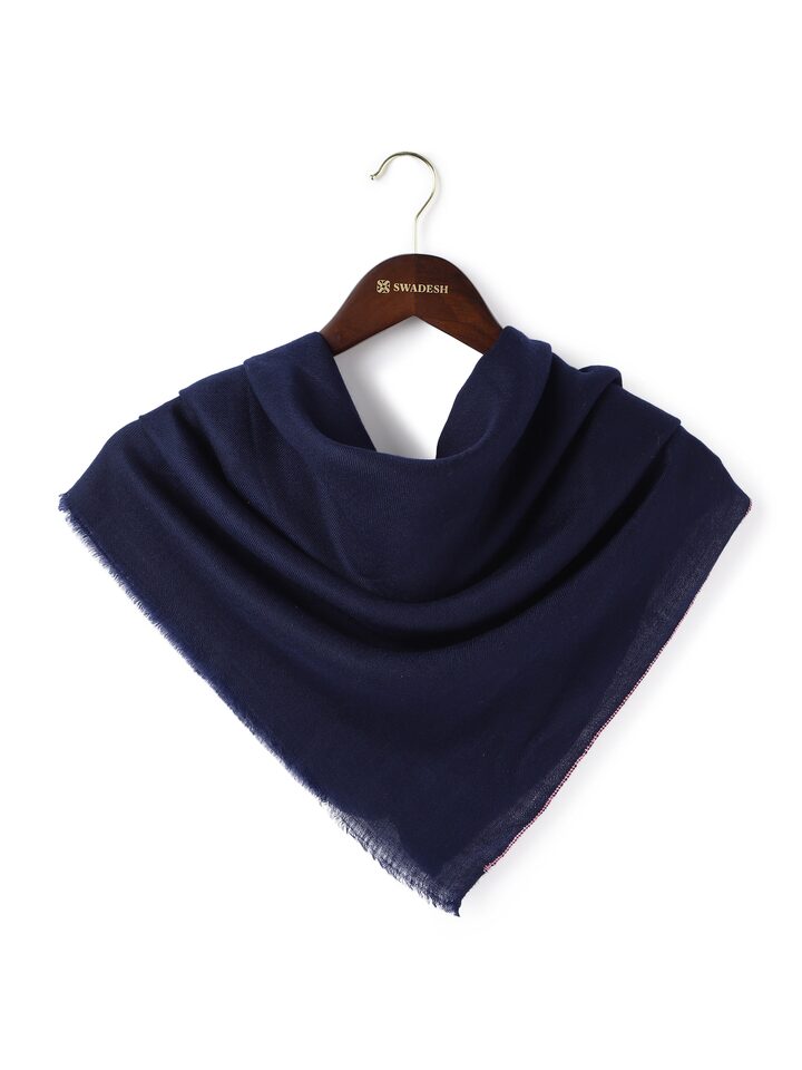 Front view of blue pashmina kaaj embroidered handwoven stole showcasing delicate embroidery
