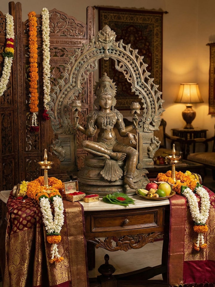 Side view of the Bronze Cast Lakshmi Idol