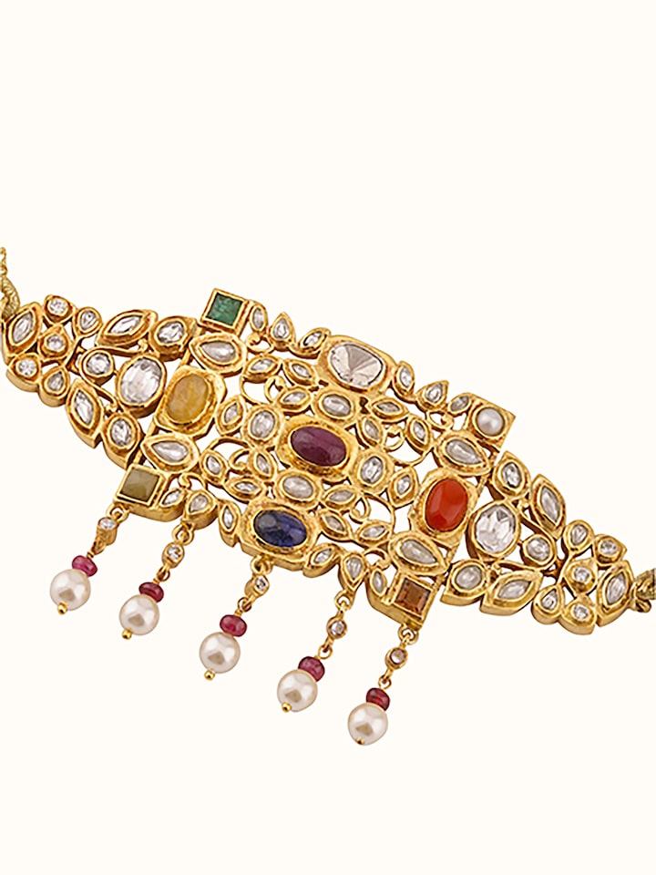 Worn view of Navratna silver choker necklace