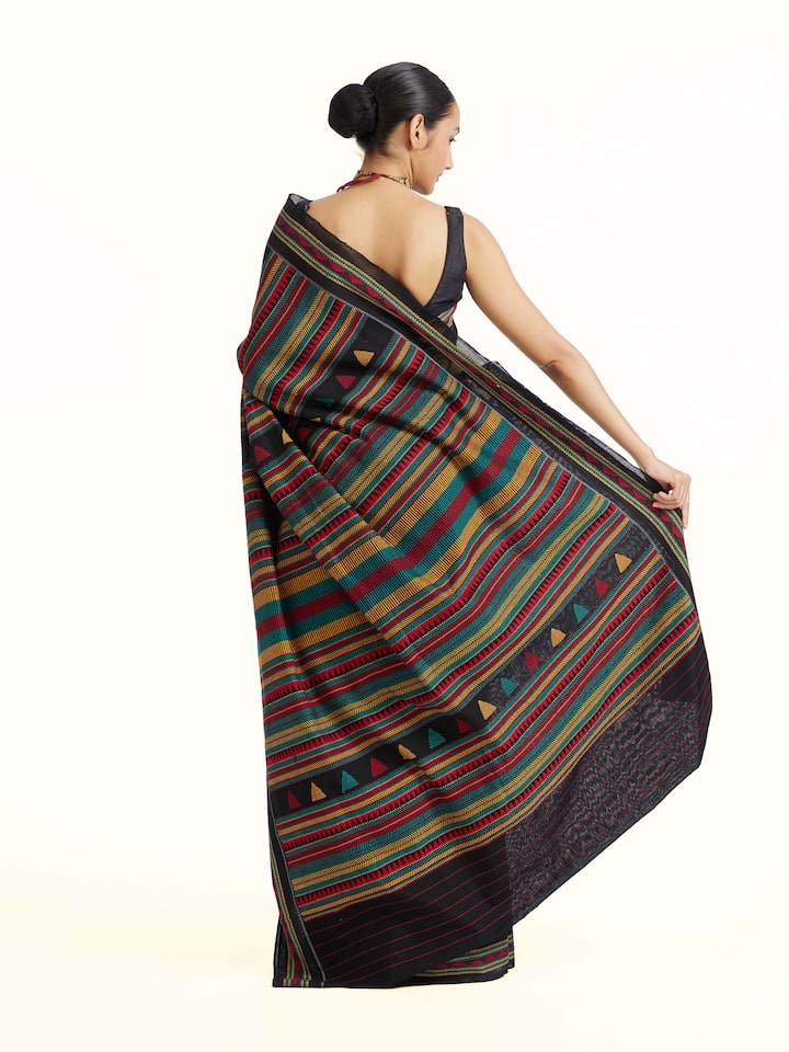 Back view of Yellow Cotton Dongaria Saree emphasizing the overall design and fine details