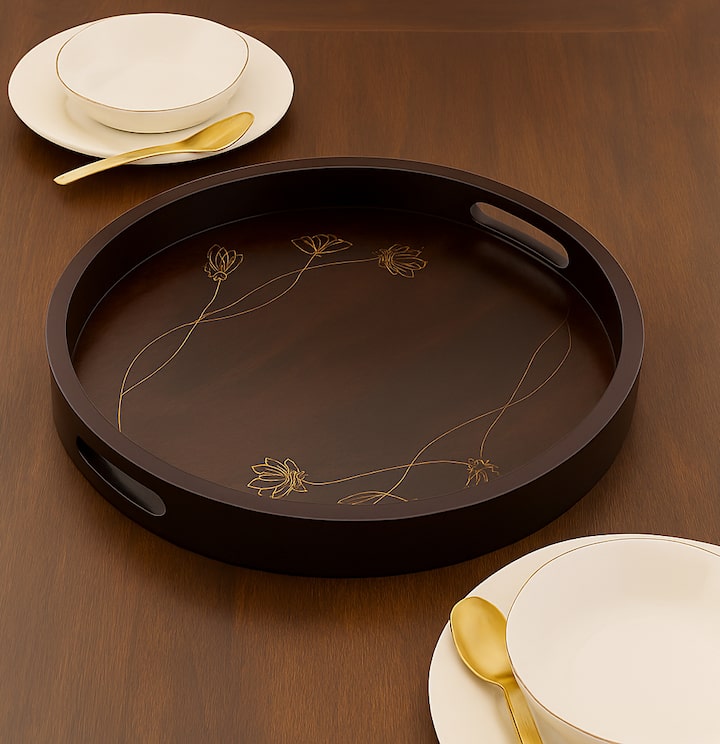 Lifestyle view of Tarkashi Sheesham Wood & Brass Tray