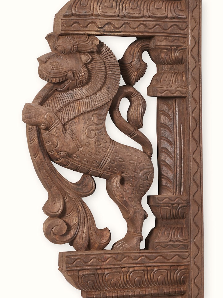 Detailed view of the Wood Carved Yali Wall Panel (2 Pieces)