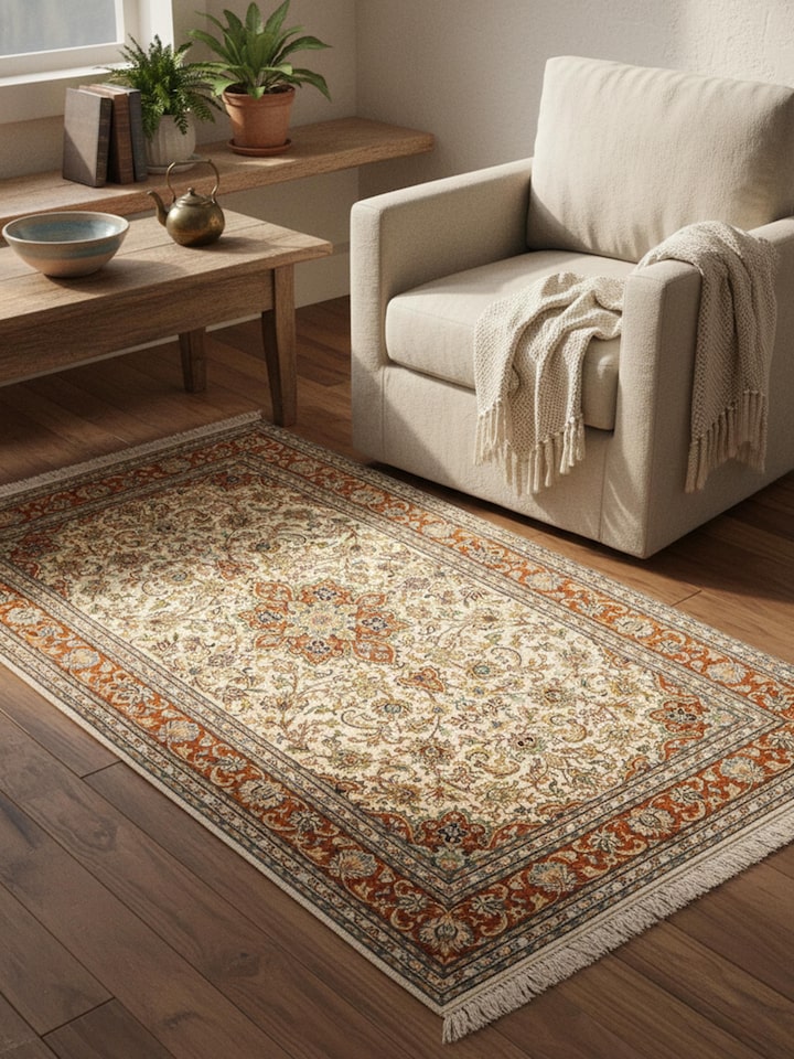 Traditional Persian ivory Kashan Kashmir silk hand-knotted carpet with intricate floral design, lifestyle view