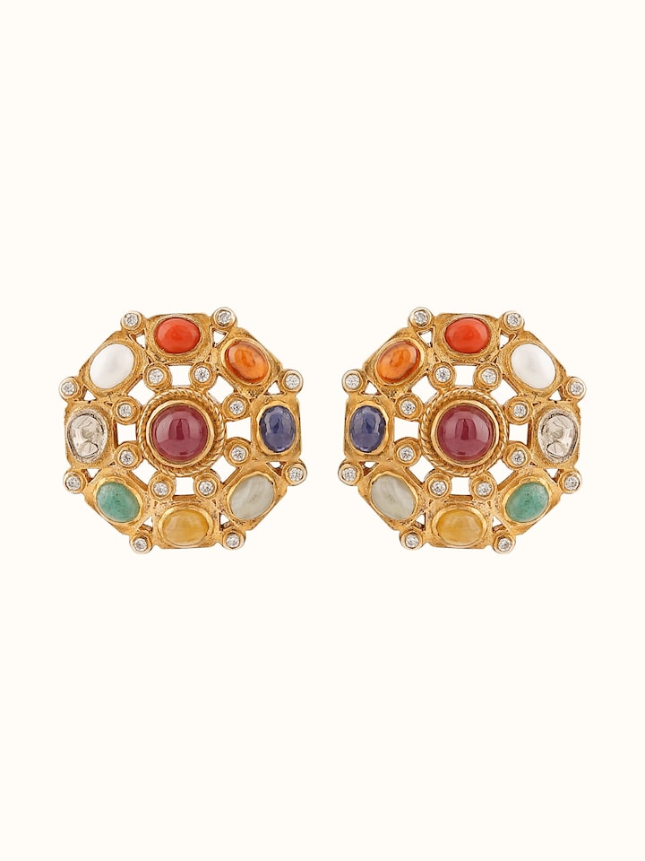 Front view of Navratna Silver Studs showing the complete piece and design