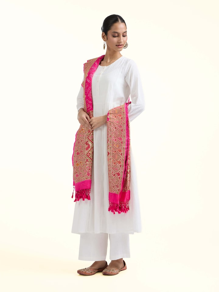 Side view of Dark Pink Bandhani Tie & Dye Silk Dupatta highlighting the detailed craftsmanship and elegant silhouette