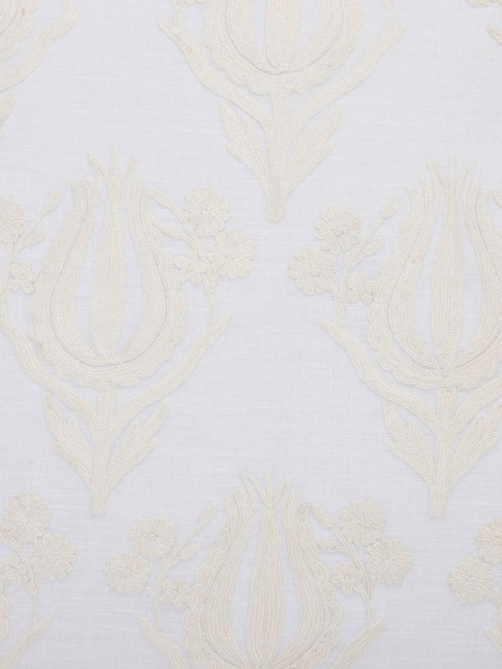 Close-up of embroidery, showcasing the traditional chain stitch and fabric weave.
