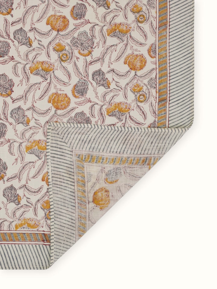 Samaha Grey Floral Cotton Sanganeri Hand Block Printed Table Cover 6 Seater
