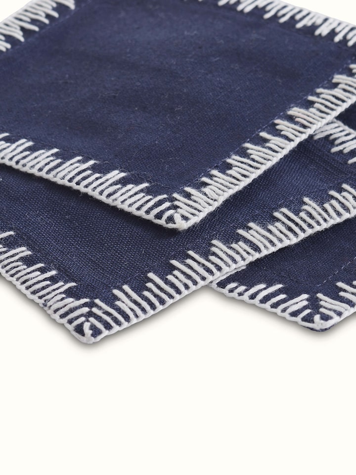 Parvat Indigo Edge Stitch Linen Cotton Hand Embroidered Coaster (6 Pcs)