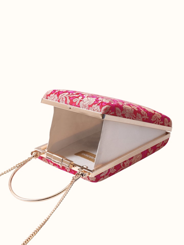 Overview of Pink Banarasi Silk Handbag showing the complete bag