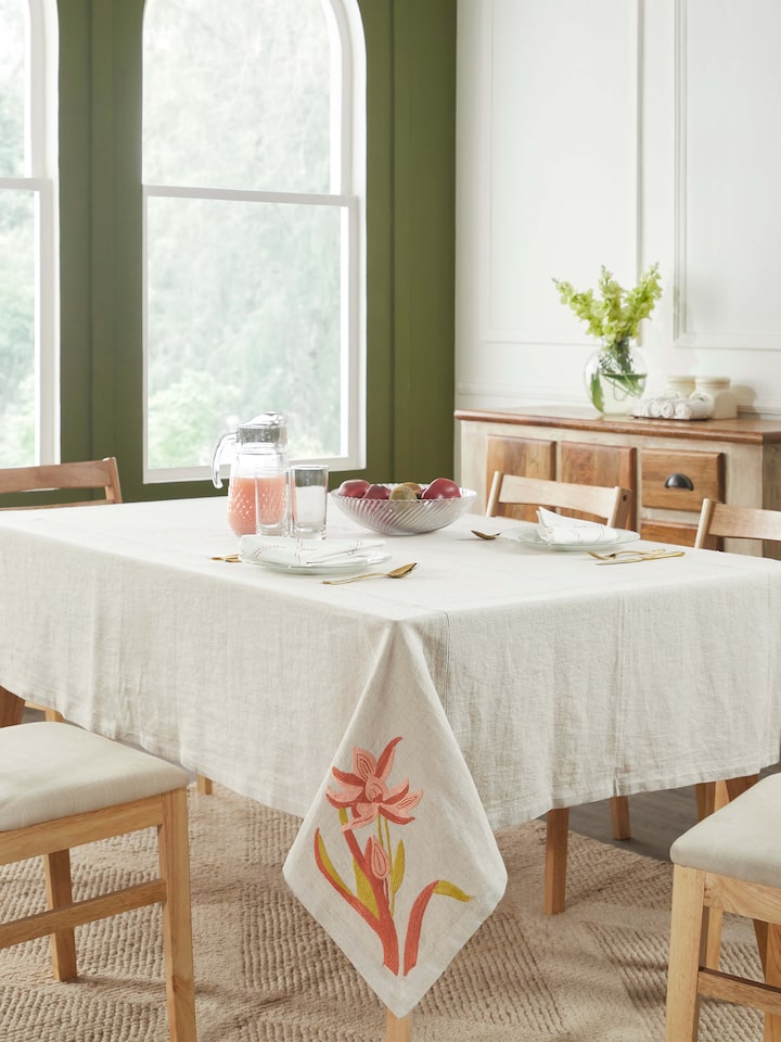Top view highlighting the full table cover layout and delicate embroidery details