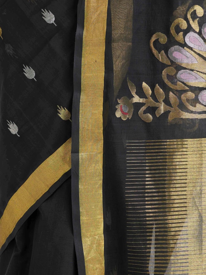 Draped detail view of the Black Cotton Venkatagiri Saree