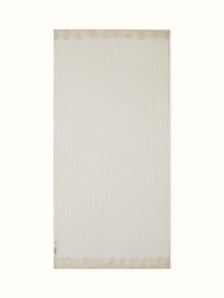 Front view of Swar beige Bhagalpur silk curtain with sheer fabric and metallic stripe detailing.