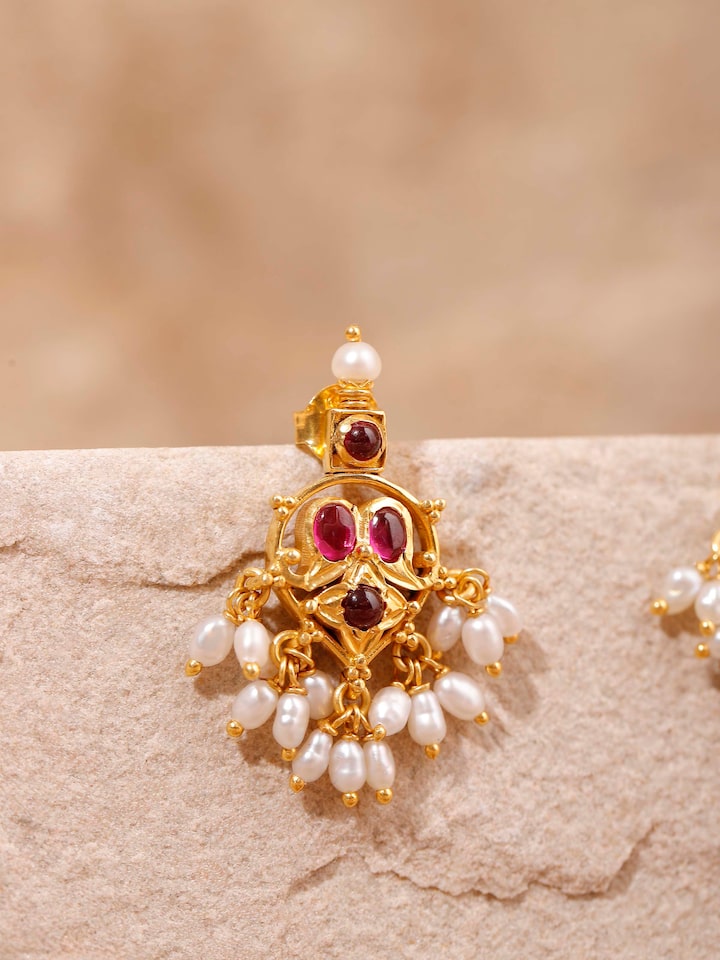 Detail view of Guttapusalu Silver Drop Earrings highlighting the stone setting and metalwork detail