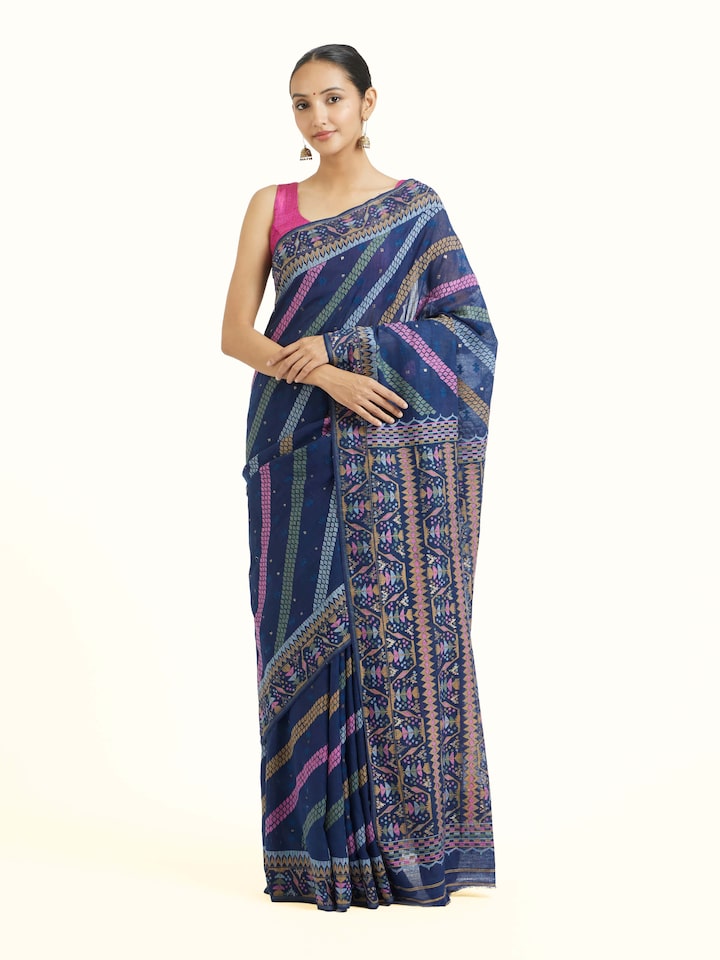 Front view of indigo cotton Bengal Jamdani saree with delicate motifs