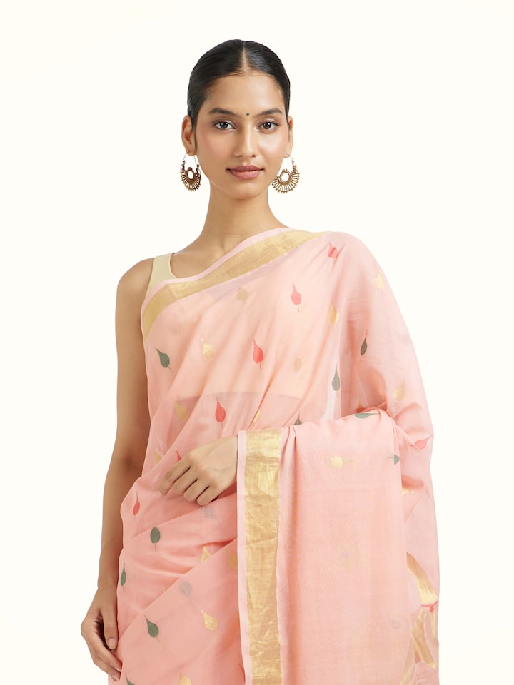 Angled view of the Beige Cotton Venkatagiri Saree