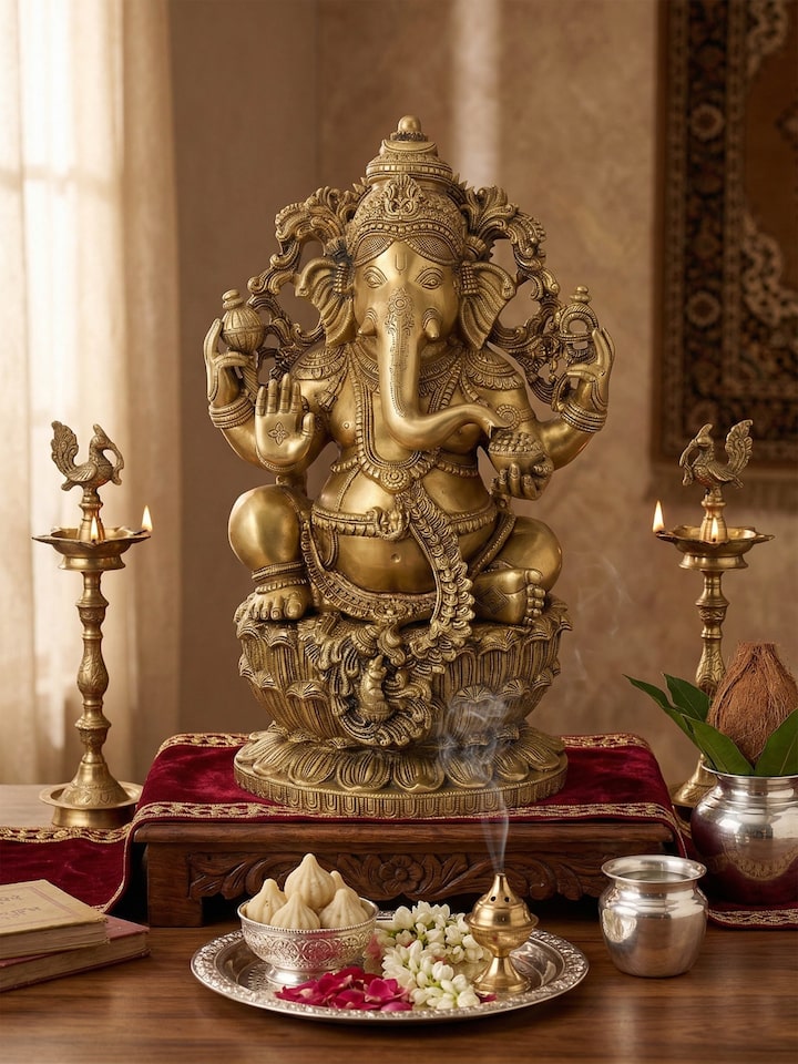 Styled view of Brass Ganesha Lotus Sitting Idol styled in a home setting