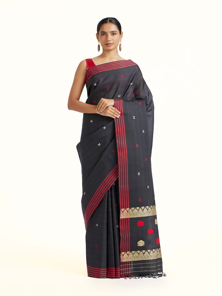 front view of black cotton silk saree with elegant design