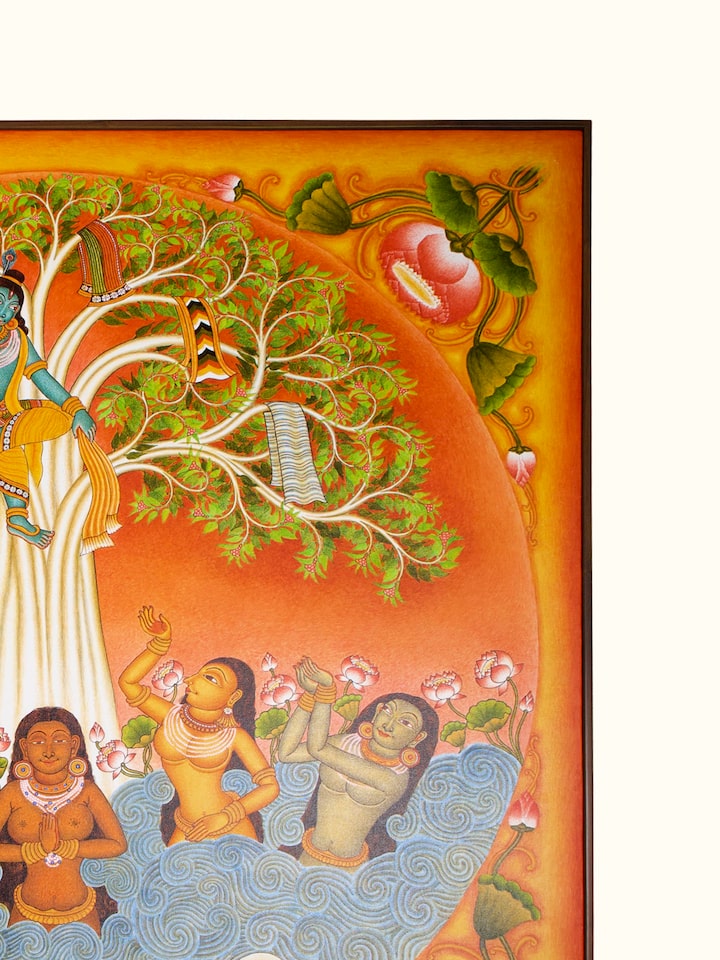 Detail view of Gopi Vasthraharna Kerala Mural Painting highlighting the intricate linework and detail, from a different angle