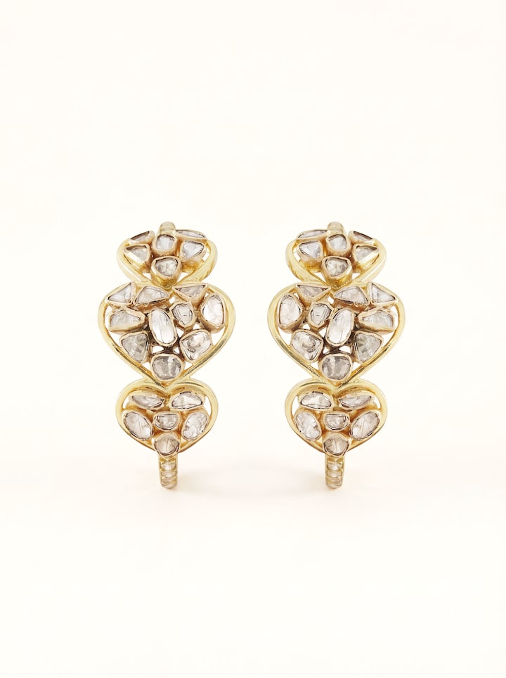 Front view of dank polki 14 karat gold hoop earrings
