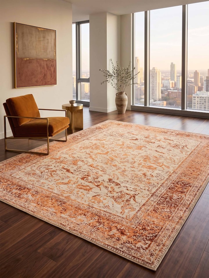 Styled view of Transitional Persian Ivory Rust Shikargah Bhadohi Wool & Bamboo Silk Hand Knotted Rug styled in a room setting