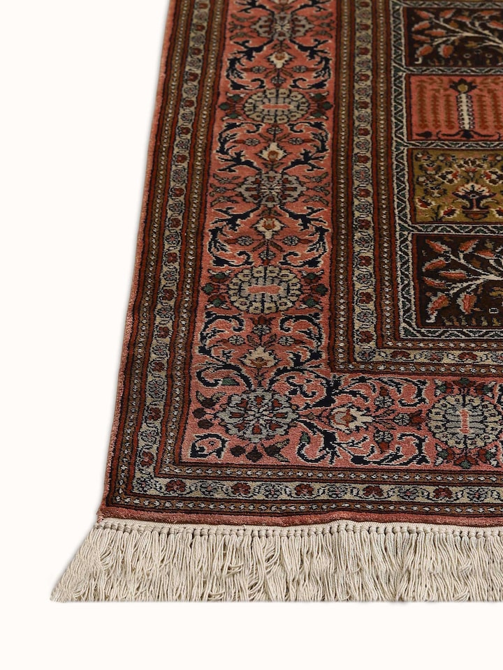 Traditional Persian Rust Dabdar Kashmir Silk Hand-knotted Rug