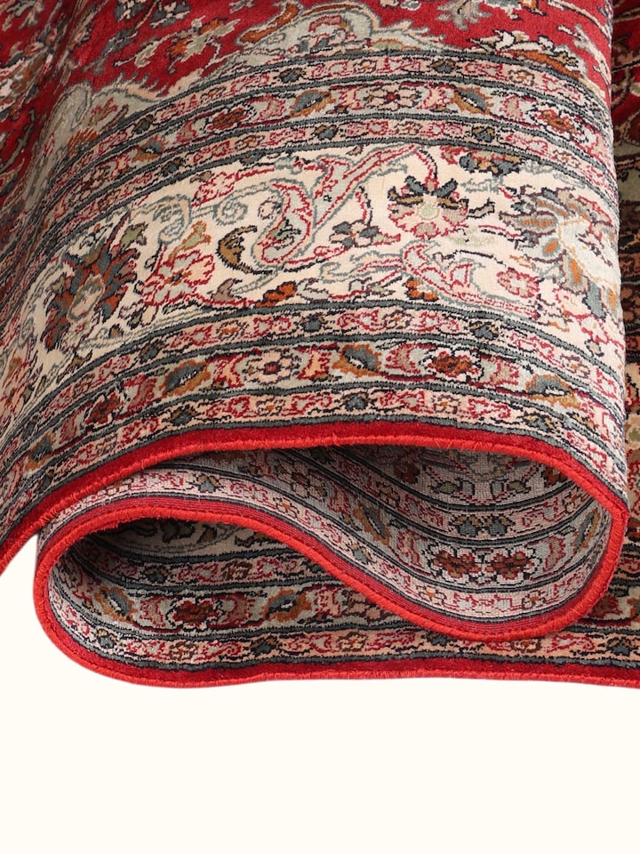 Top view of the Traditional Persian Red Ivory Kashan Kashmir Silk Hand-Knotted Carpet