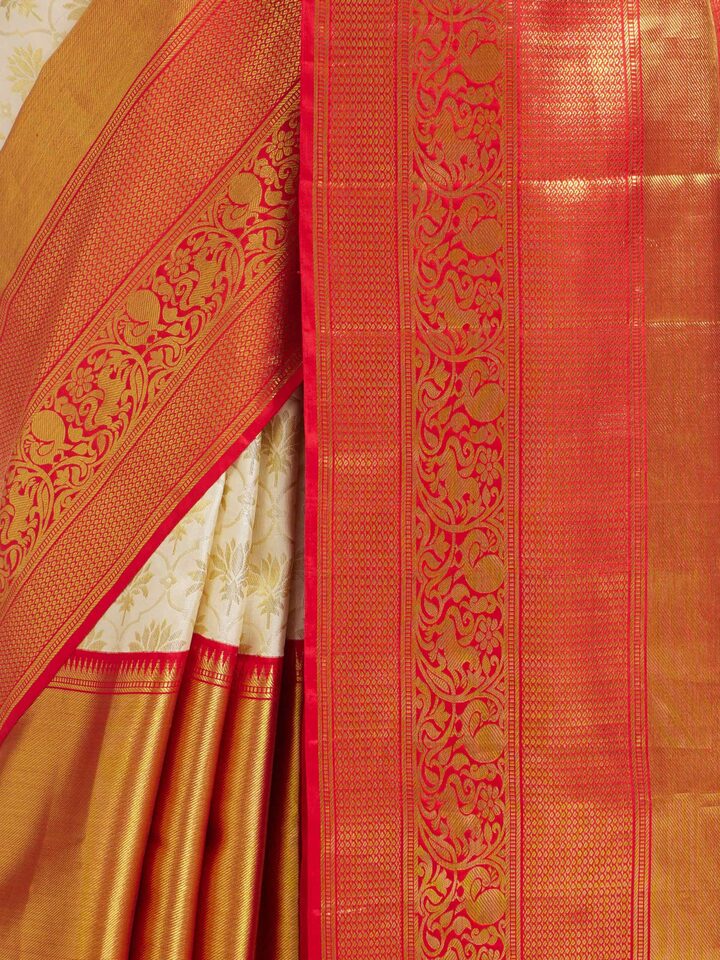 detail view of white silk dharmavaram saree pattern