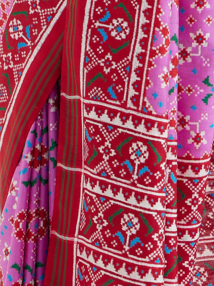 Draped detail view of the Pink Silk Patola Saree