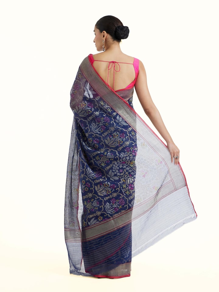 Back view of the Blue Cotton Awadh Jamdani Saree